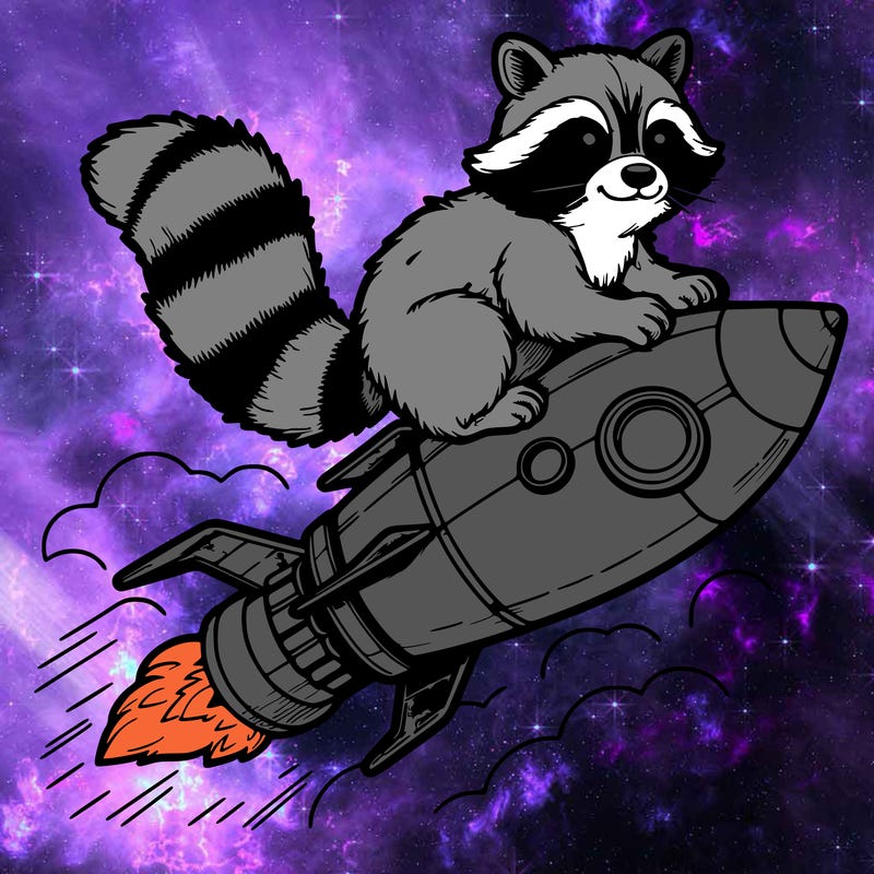 realistic raccoon flying on top rocket ship
