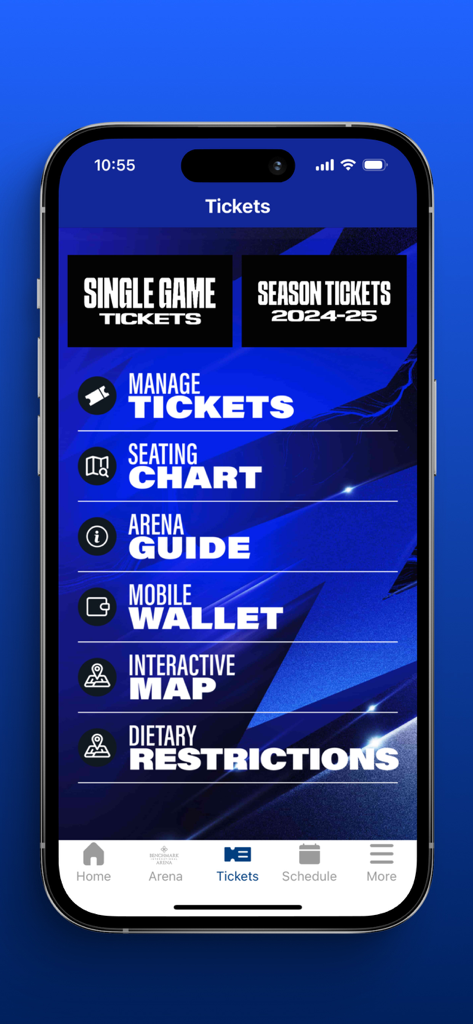 Tampa Bay Lightning Official - Tampa Bay Lightning app tickets screen with options for managing tickets seating charts and mobile wallet