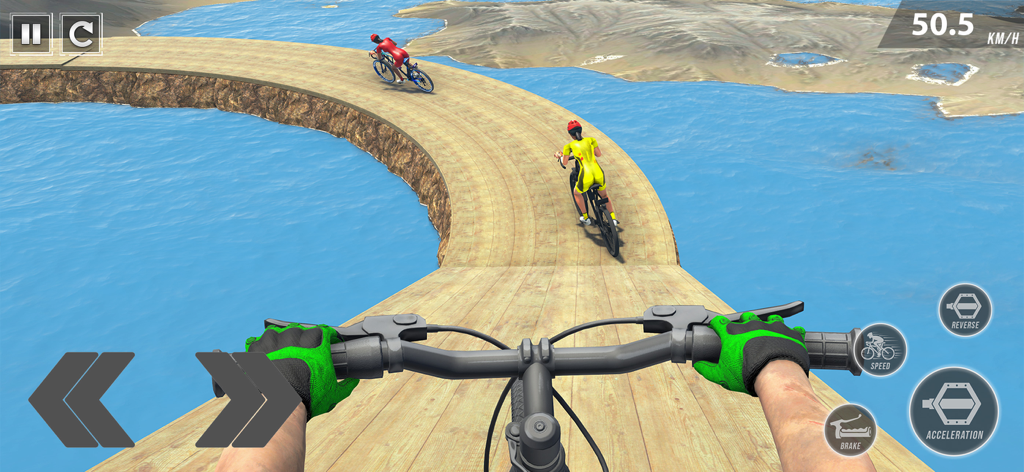 BMX Bicycle Stunt Cycle Games - First person perspective of a BMX bike racing other players on a high wooden track over water