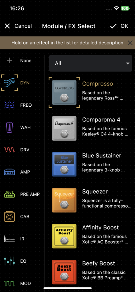 Ampero II Stage App-Oberfläche zur Auswahl von Gitarreneffektmodulen und Pedalen