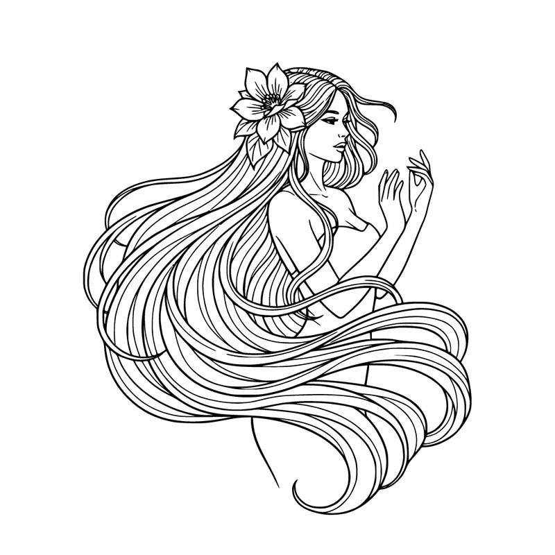 mythical woman with long hair with a flower in her hair