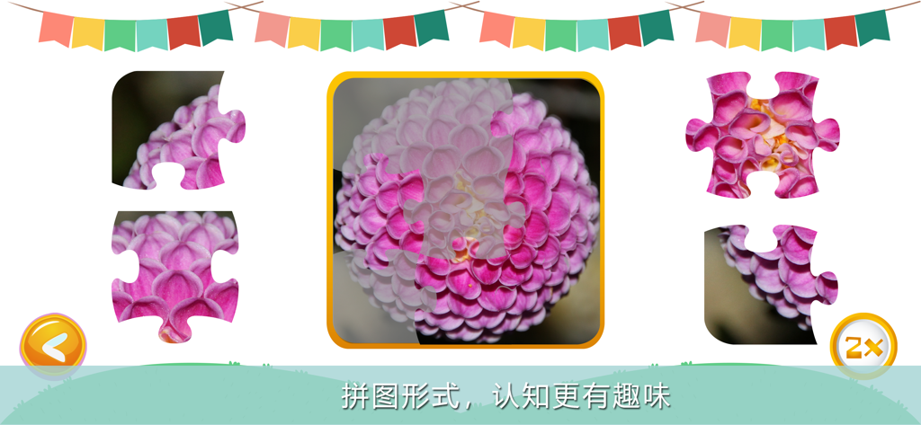 看图识物 - 学习各种常见动物拼图，看图说话 - A pink flower jigsaw puzzle in an educational app for toddlers