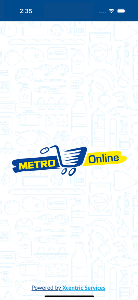 Metro Online. - Pantalla de inicio de la aplicación Metro Online con el logo y un patrón de fondo azul claro de íconos de comestibles.