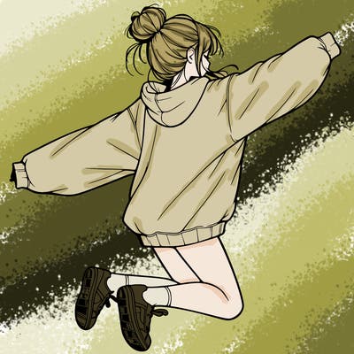 realistic girl jumping with a bun and oversized sweatshirt
