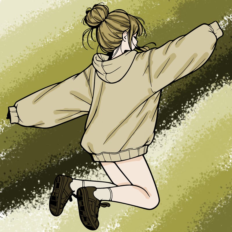 realistic girl jumping with a bun and oversized sweatshirt