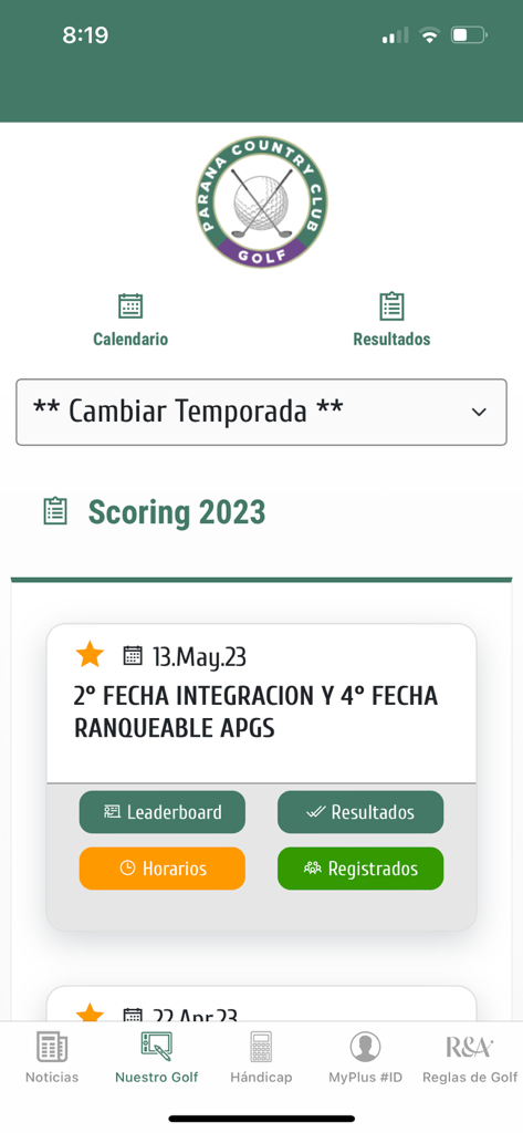 Parana Country Club - パラナ・カントリークラブアプリのスコアリングダッシュボード。2023年のゴルフ大会の結果とスケジュールが表示されています。