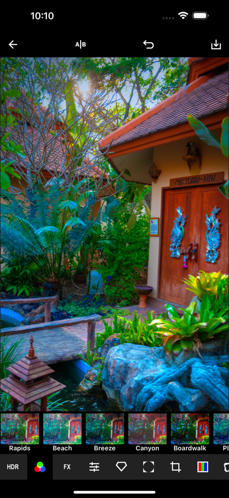 HDR Maxアプリインターフェース、さまざまなカラーフィルターで編集中の熱帯庭園の写真を表示