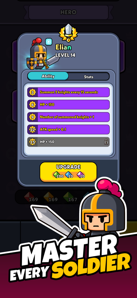 Tiny Warriors Rush - Idle TD - Hero upgrade interface in Tiny Warriors Rush showing character abilities and levels