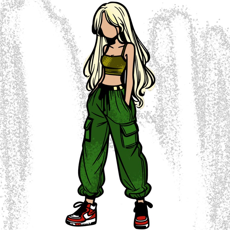 girl in baggy pants crop top and long hair