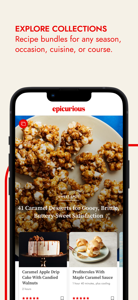 The Epicurious app Explore Collections screen featuring a curated list of caramel dessert recipes like caramel apple drip cake and profiteroles.