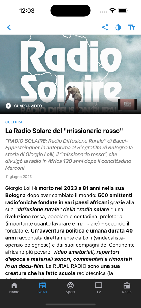San Marino RTV - Interface de artigo de notícias culturais do aplicativo San Marino RTV exibindo uma história sobre Rádio Solaire