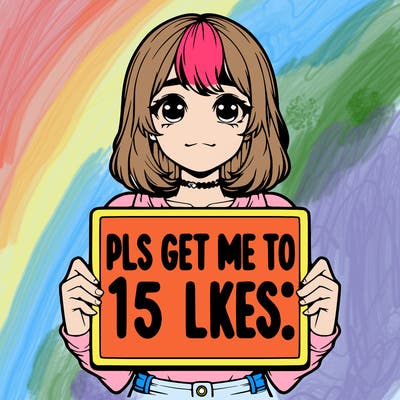 realistic girl holding up a sign that says “pls get me to 15 likes!”