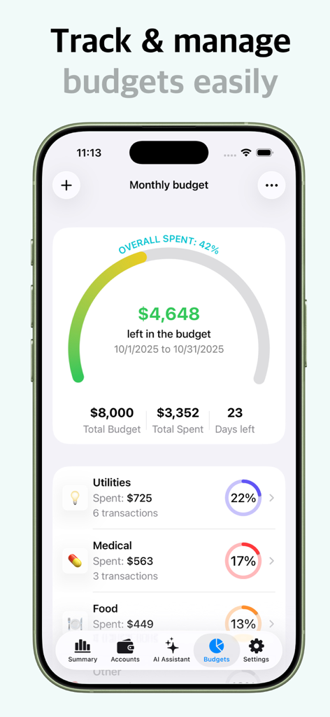 Interfaz de presupuesto mensual de la aplicación Mona que muestra el progreso general de los gastos y el desglose de categorías