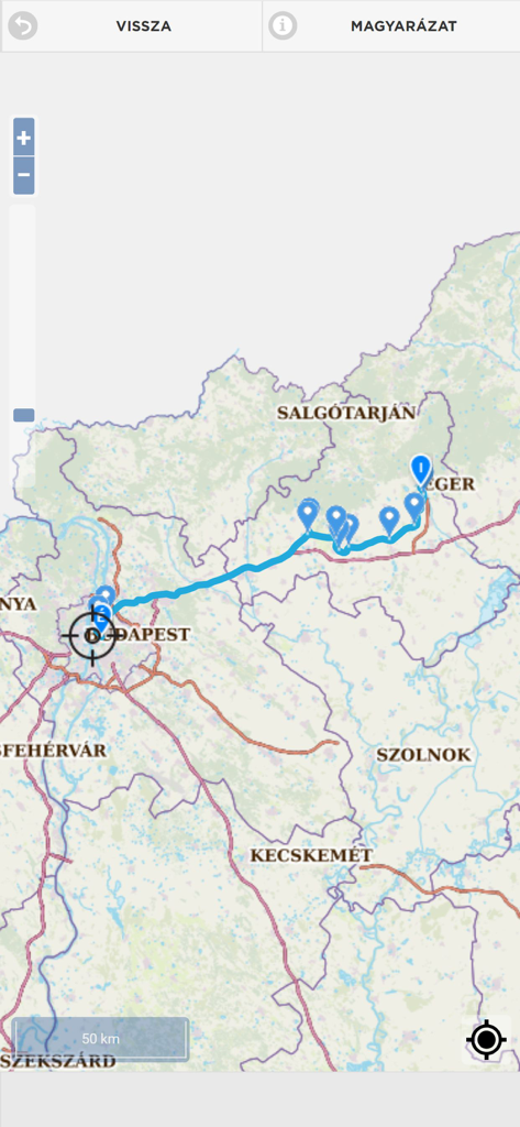 iMenetrendek - A map interface in the iMenetrendek app displaying a public transportation route from Budapest to Eger with multiple stops.