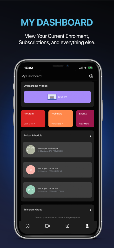PTTI-Better Result - Oberfläche des PTTI Bessere Ergebnisse App Dashboards mit Stundenplan und Bildungsressourcen für Studenten