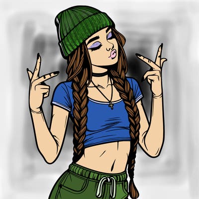 realistic teenage girl with braids and a beanie and crop top doing 🫶🏼