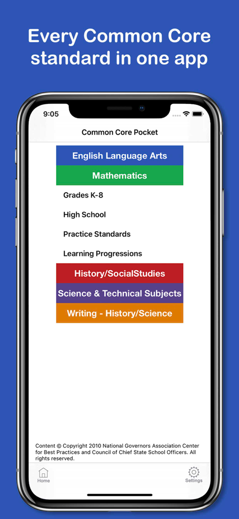Common Core Pocket - Home screen of the Common Core Pocket app displaying color-coded menu buttons for English Language Arts, Mathematics, and Science subjects.