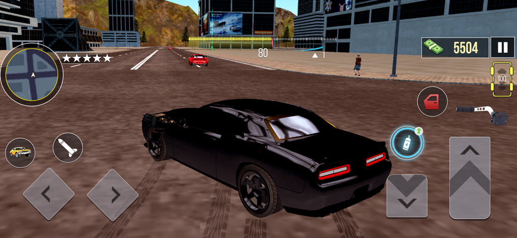 Gangster Game: Warlord Mafia - Un coche musculoso negro conduciendo por una calle de la ciudad en el juego móvil Gangster Game Warlord Mafia