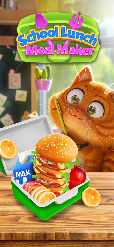 School Lunch Food Meal Maker - Tela de título do jogo School Lunch Meal Maker com um gato laranja fofo e uma lancheira cheia com um hambúrguer