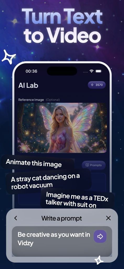 AI Video Generator: Vidzy - Vidzy app interface displaying text-to-video generation features with sample prompts like animate this image and a fairy character