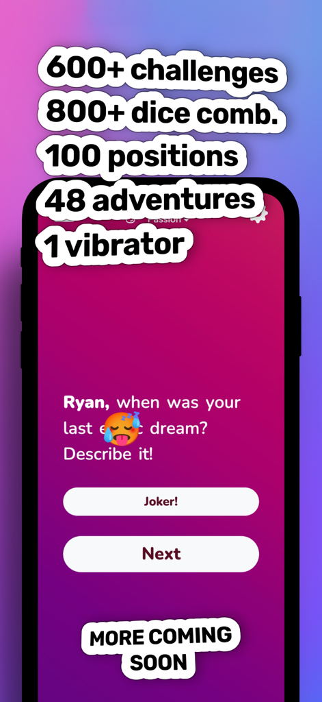 Sex Games for Couples • Blush - Interfaz de la aplicación Blush que muestra estadísticas del juego y una indicación de verdad o reto para parejas.