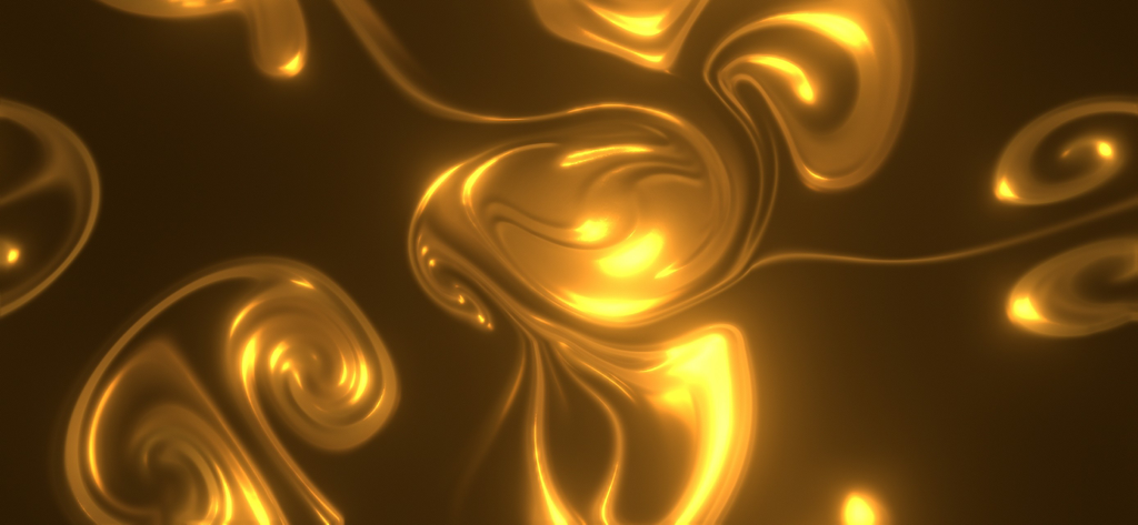 Goldene Flüssigkeitssimulation mit leuchtenden Wirbeln und Lichteffekten