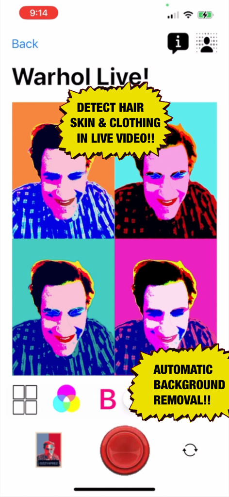 Pop Art Lite - Interface do aplicativo Pop Art Lite mostrando uma grade 2x2 de uma pessoa com filtros estilo Warhol e remoção automática de fundo