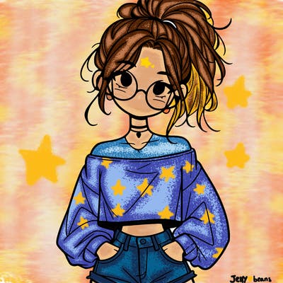 girl with a messy ponytail glasses a baggy crop top and jean shorts