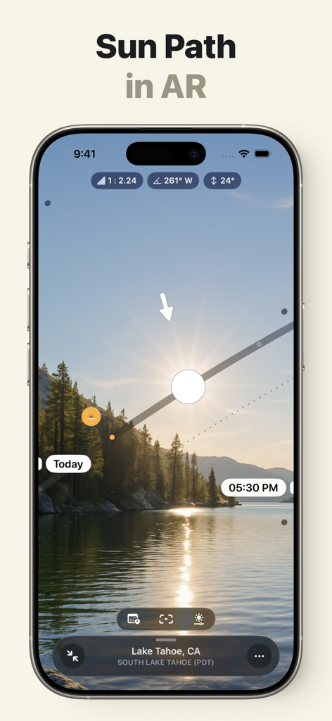 Sunlitt app interface showing the sun path in augmented reality over a scenic landscape