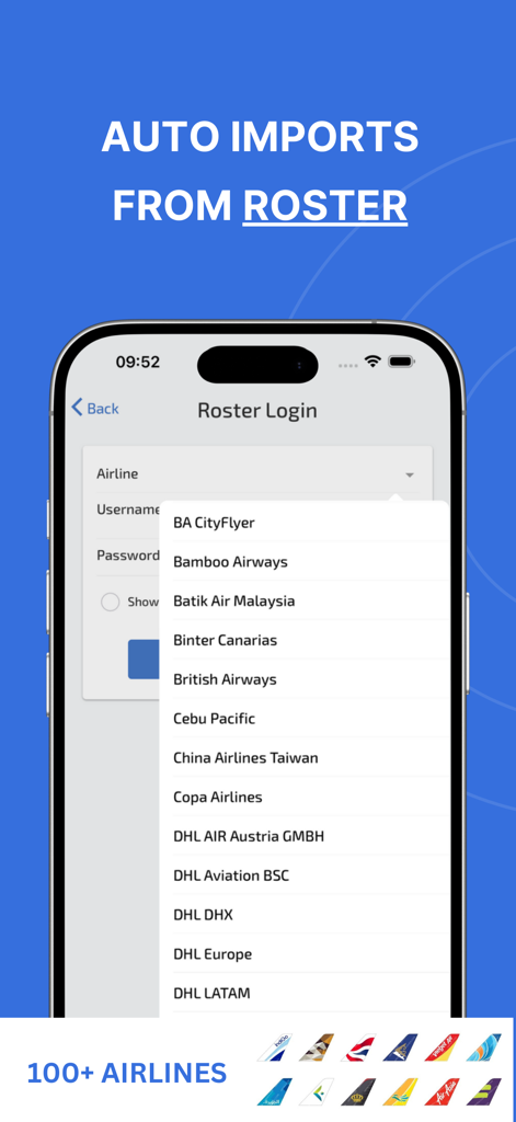 Wingman Pilot Logbook - Screenshot of Wingman Pilot Logbook showing the auto roster import feature for over 100 airlines.