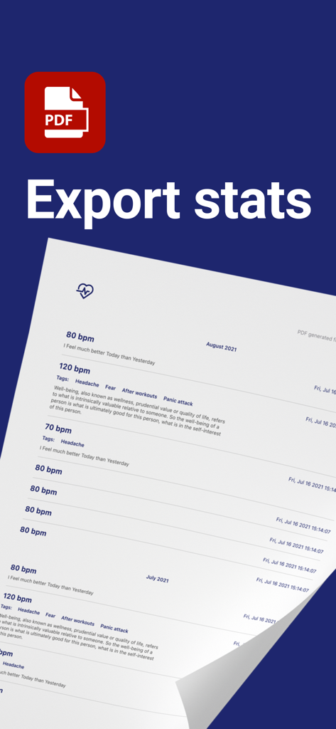 Screenshot of the Heart Rate app showing the export statistics feature to generate a PDF report of pulse measurements.