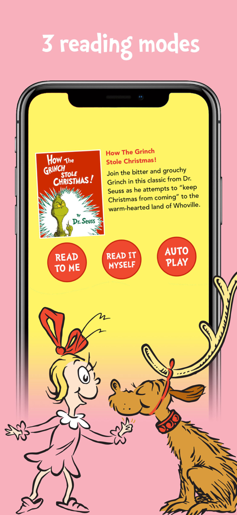 Smartphone-Bildschirm mit drei Lesemodi für 'Wie der Grinch Weihnachten gestohlen hat' in der Dr. Seuss Treasury School App.
