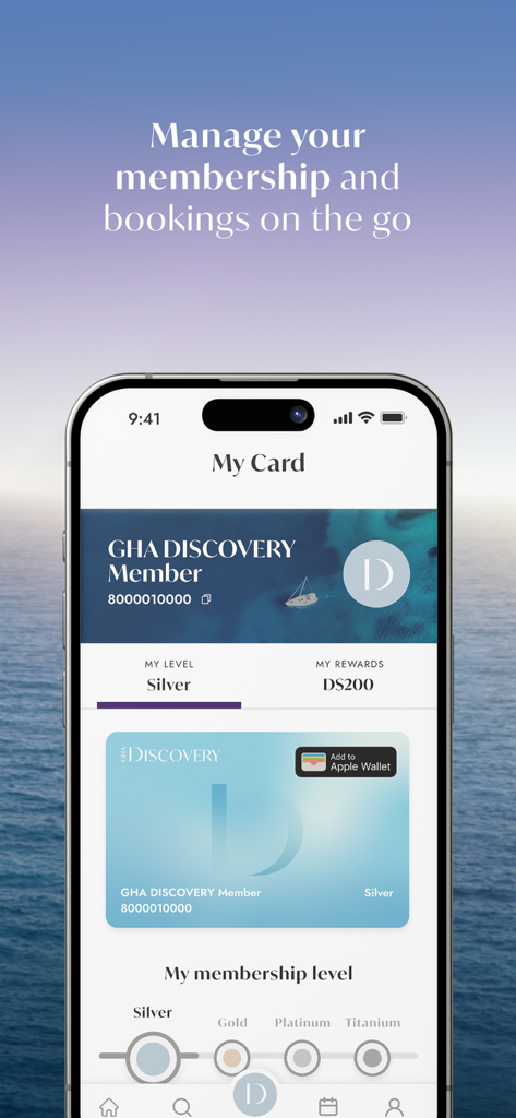 GHA DISCOVERY App-Bildschirm mit Anzeige des Mitgliedsstatus, des Prämienguthabens und der digitalen Mitgliedskarte