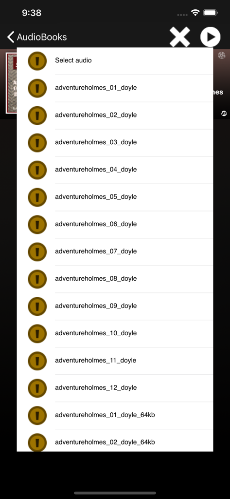 Una lista de capítulos de audiolibros de Sherlock Holmes en la interfaz de la aplicación AudioBooks.
