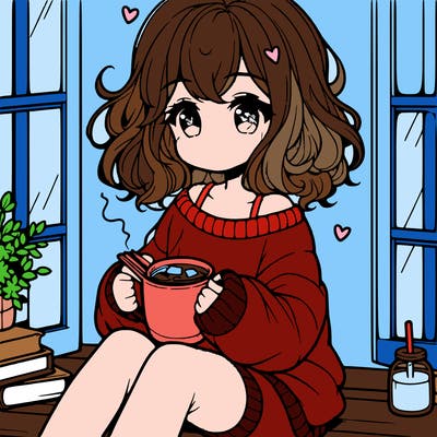 cute anime girl reading book and drinking hot chocolate from mug with loose wavy hair wearing a baggy sweatshirt and shorts sitting by windowsill looking out