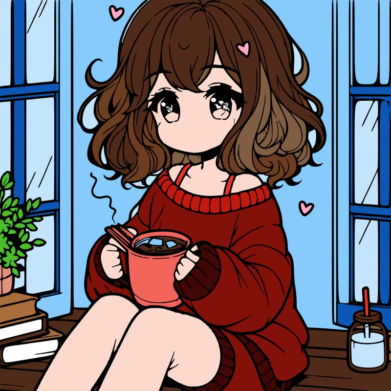 cute anime girl reading book and drinking hot chocolate from mug with loose wavy hair wearing a baggy sweatshirt and shorts sitting by windowsill looking out