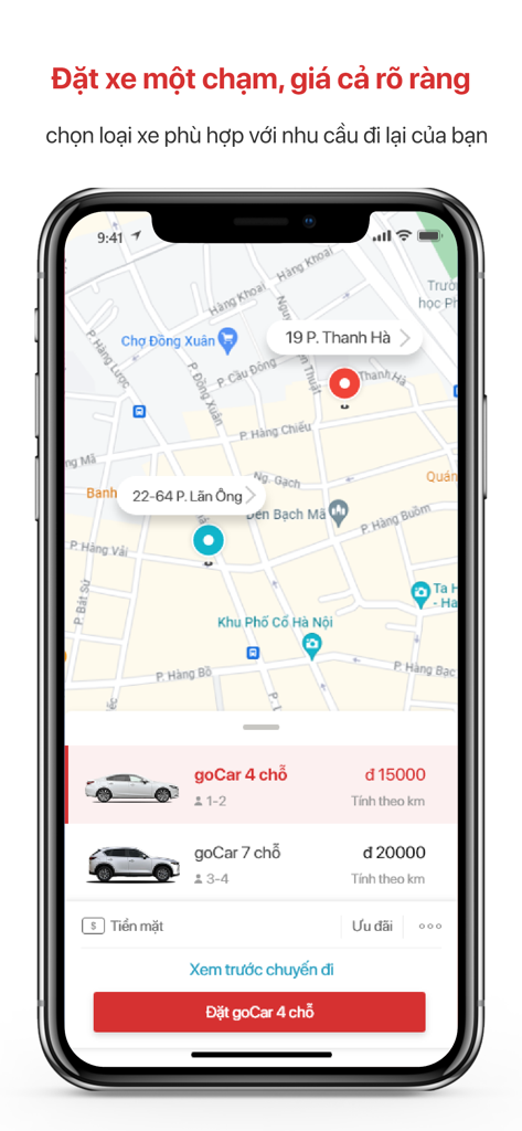 Godi - Godi app interface for car booking with transparent pricing and map location in Hanoi