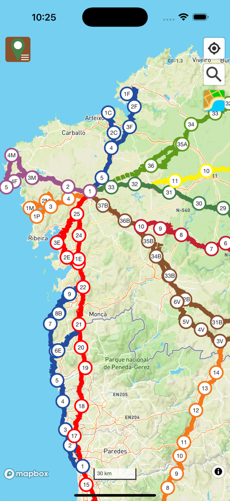 Gronze Maps - Map interface of Gronze Maps showing various color coded pilgrimage routes with numbered waypoints across Spain and Portugal.