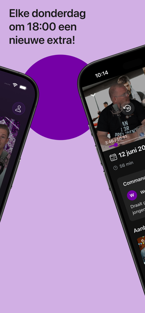 RoddelPraat Extra app interface on two smartphones showing a video player and an announcement for weekly new content