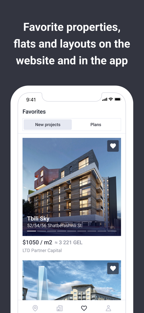 Écran de l'application Korter montrant une liste de propriétés et d'appartements internationaux favoris