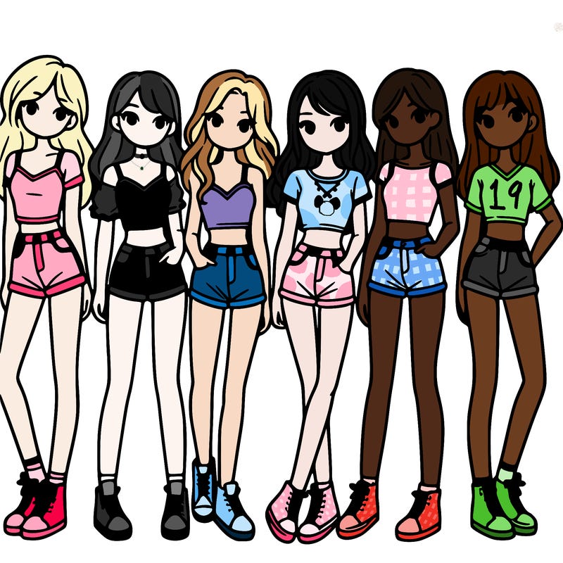 a group of girls wearing crop tops and shorts