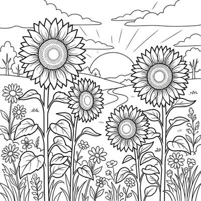 Let young artists explore the joy of a vibrant sunflower field under a setting sun with this delightful coloring page. Designed especially for kids aged 4-8, it offers clear lines and charming details for an engaging artistic experience.