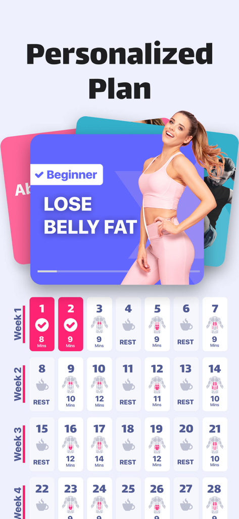 Mobile app interface showing a personalized 30 day workout calendar with rest days and exercises for beginners