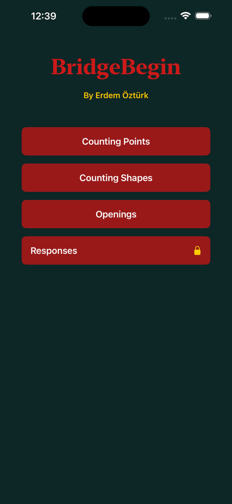 Bridge Begin: Card Game - Main menu of the Bridge Begin card game app showing options for counting points and shapes