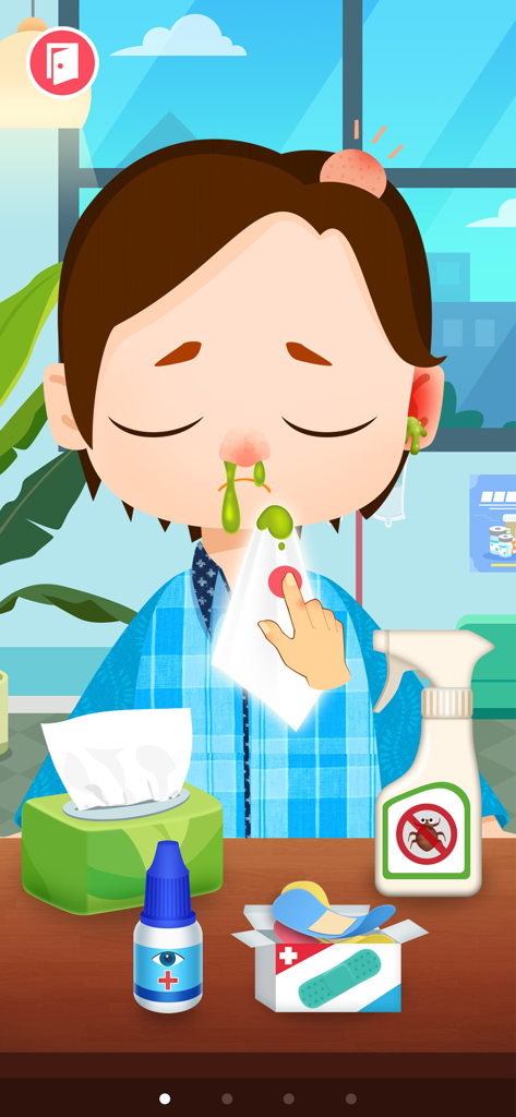 A young patient with a runny nose and ear infection being treated in the Doctor Games for kids app