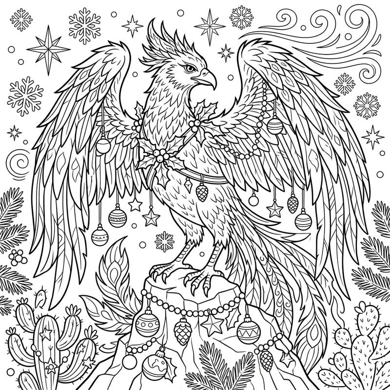 Experience a truly unique holiday coloring adventure featuring a magnificent desert phoenix adorned with festive Christmas decorations. This captivating design merges mystical resilience with joyous seasonal spirit, offering a one-of-a-kind creative escape.
