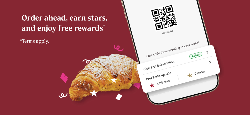 Pret A Manger mobile app interface showing loyalty QR code and subscription status