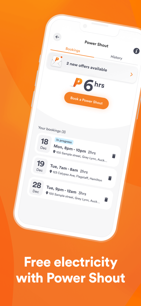 Mobile app interface showing scheduled free electricity periods titled Power Shout with a list of upcoming bookings