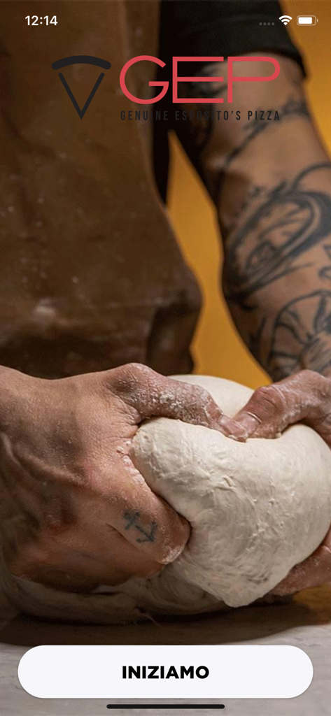 Gep - Gep app splash screen featuring a person kneading pizza dough with the brand logo and a start button