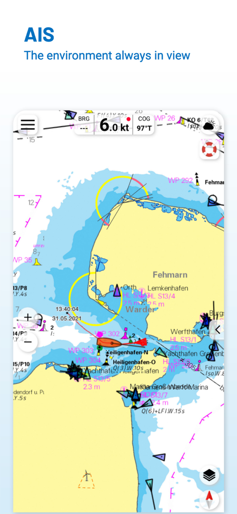 Interfaz de la aplicación NV Charts mostrando seguimiento de embarcaciones AIS en tiempo real en un mapa náutico detallado